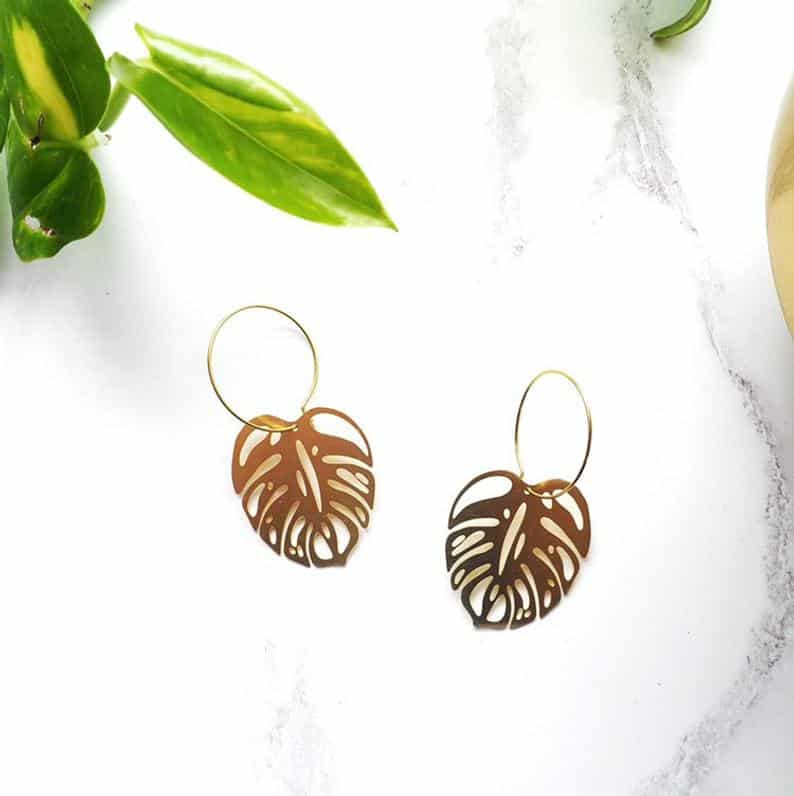 Gold Monstera Hoop Earrings